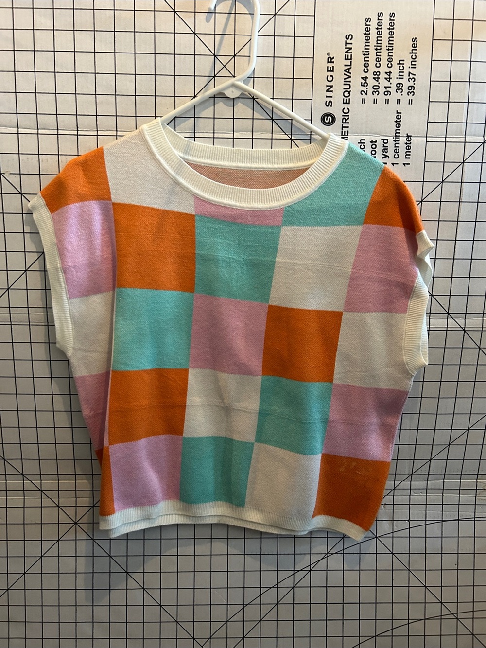 Sleeveless Checkerboard Knit Top in Orange, Pink & Aqua